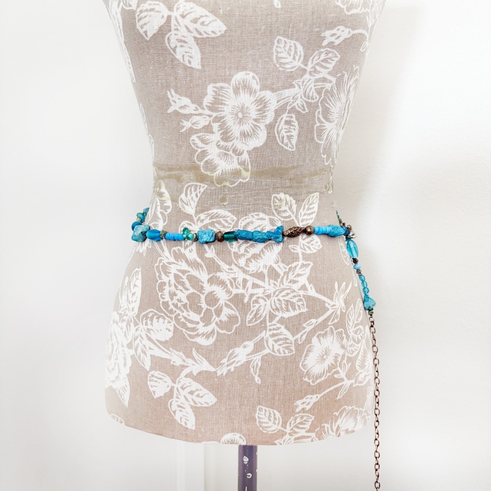 Vintage Turquoise-Tone Beaded Statement Necklace / Convertible Waist Belt, Extra - Picture 3 of 3
